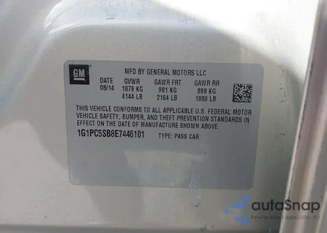 2014 Chevrolet Cruze 1Lt Auto из США, поврежденный, VIN 1G1PC5SB8E7446101